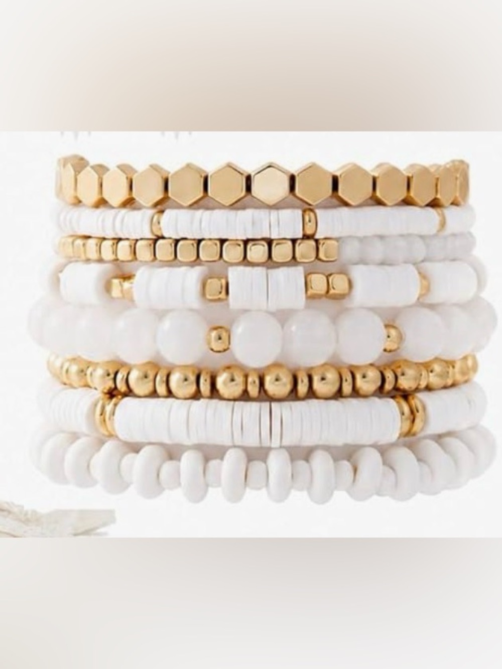 STACKED BRACELET SET 7PCs WHITE GOLD BOHO CASUAL STRETCH JEWELRY NWT